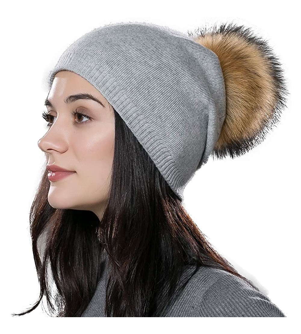 Skullies & Beanies Winter Beanie Hats for Women Genuine Fur Pompom Beanie Knit Wool Hats Ski Cap - CM18KQZSGDL $15.08