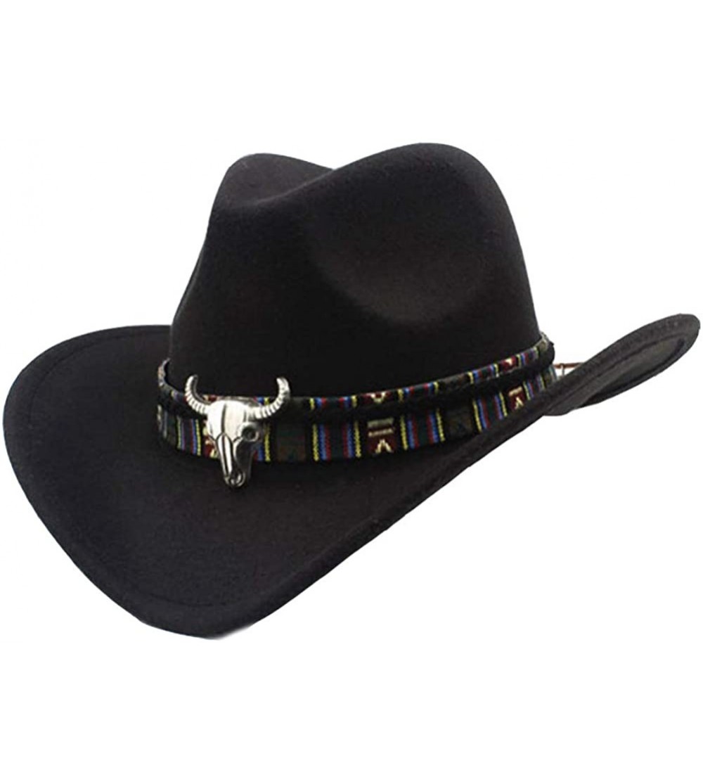Cowboy Hats Mens Womens Wool Felt Western Cowboy Hat Outdoor Wide Brim Hat Caps with Strap - Black - C718LZMX8S2 $14.32