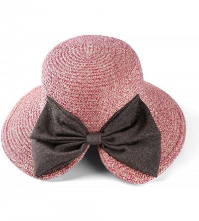 Sun Hats Women Straw Woven Bowknot Decor Panama Summer Beach Sun Hat Trilby Fedora - Pink - CF182KZ8WD6 $10.90