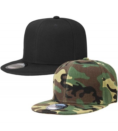 Baseball Caps Classic Snapback Hat Cap Hip Hop Style Flat Bill Blank Solid Color Adjustable Size - 2pcs Black & Woodland - CQ...
