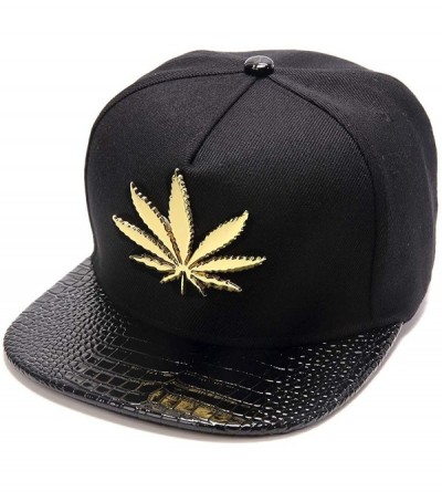 Baseball Caps Hip-hop Fashion PU Leather Flat Brim Snapback Hat Marijuana Weed Leaf Cotton Baseball Cap - Black - CY18CNZCEZ7...