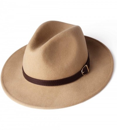 Fedoras 100% Wool Wide Brim Felt Panama Hat with Belt Buckle Fedora Hats for Men Women Light Camel - C118ZIL5QAO $47.12