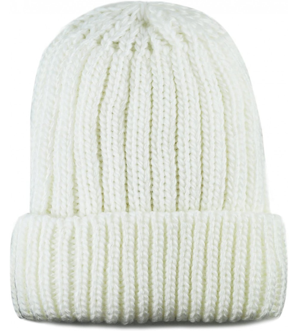 Skullies & Beanies Winter Big Slouchy Chunky Thick Stretch Knit Beanie Fleece Lined Beanie Without Pom Hat - 1. Straight Whit...