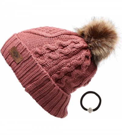 Skullies & Beanies Women's Winter Fleece Lined Cable Knitted Pom Pom Beanie Hat with Hair Tie. - Pink - C312MXJDUK4 $22.47