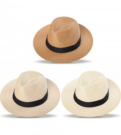 Sun Hats 3 Pieces Women Panama Straw Hat Wide Brim Straw Hat Roll up Cap Beach Sun Hat (Brown- Khaki- Beige) - C51945453RI $2...