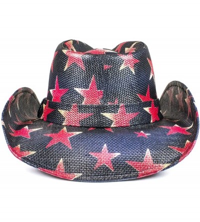 Cowboy Hats USA Western Straw Cowboy Hat - Lightweight Outdoor Wide Brim Sun Hat - Blue W/Red Stars - CY18ELTTUO6 $36.95