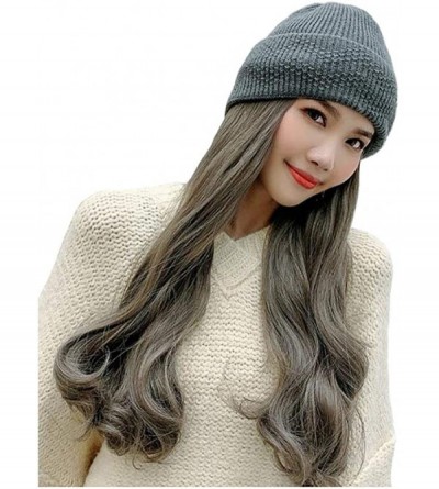 Newsboy Caps Women Knit Beanie Hat with Hair Attached Long Wavy Wig Winter Skull Cap - Gray - C318ZZ9MIHT $38.93
