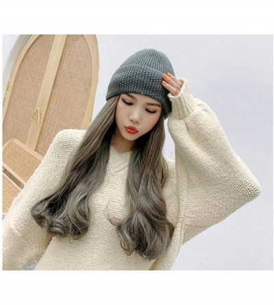Newsboy Caps Women Knit Beanie Hat with Hair Attached Long Wavy Wig Winter Skull Cap - Gray - C318ZZ9MIHT $14.54