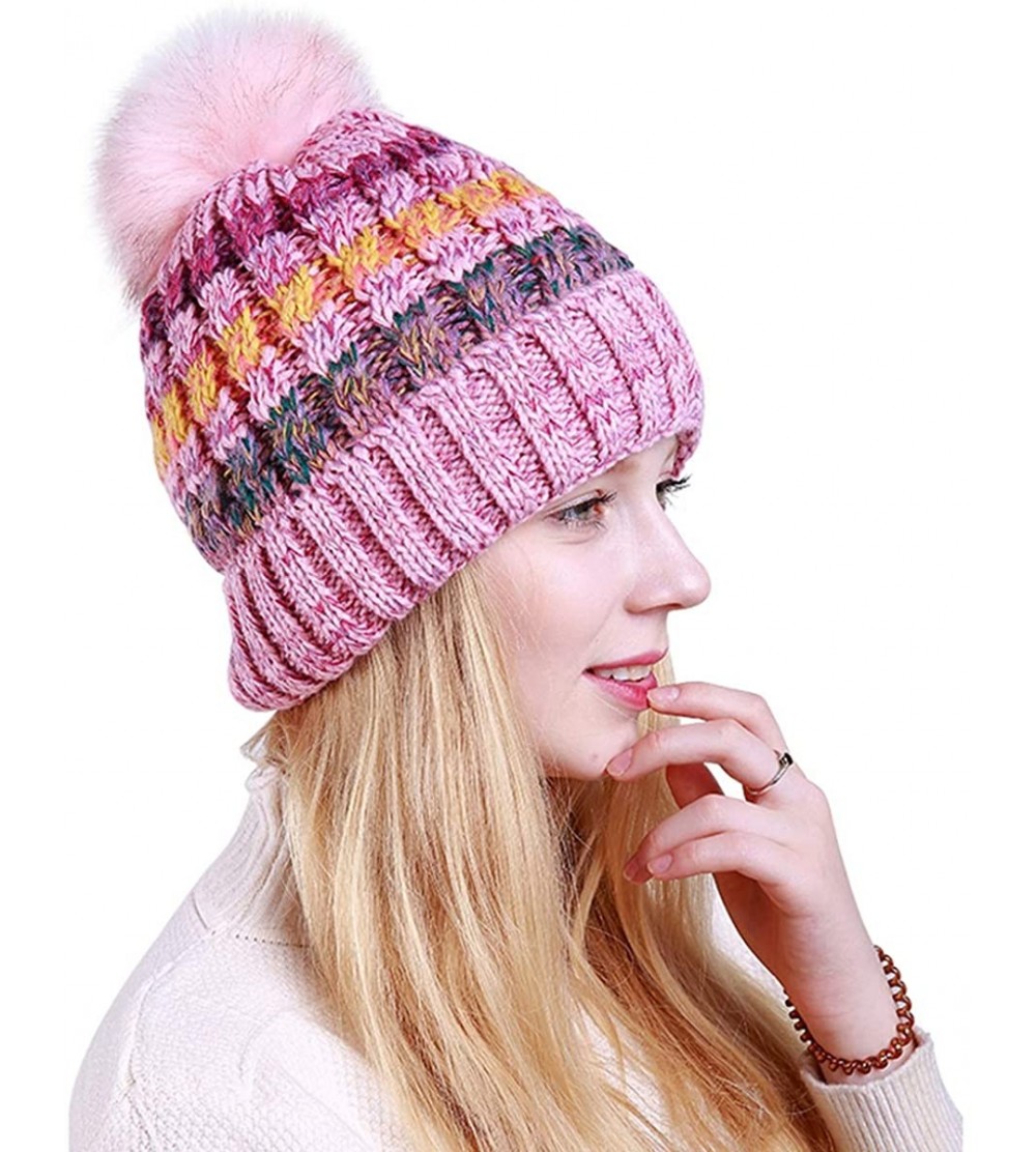 Skullies & Beanies Women Winter Warm Beanie Hat Soft Fleece Knit Ski Skull Cap with Pom - Pink - CS18I0CK678 $15.46
