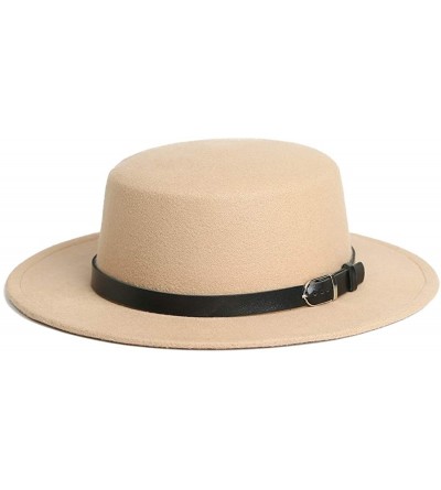 Fedoras Women's Brim Fedora Wool Flat Top Hat Church Derby Belt Cap - Khaki - CW18AOUGYY8 $14.96