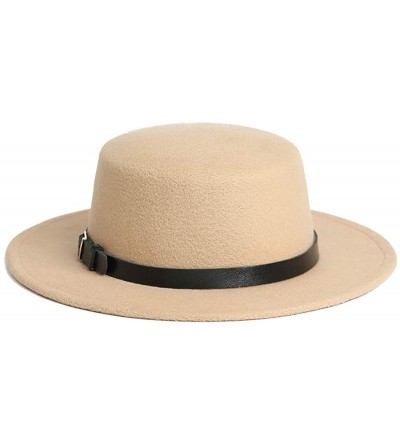 Fedoras Women's Brim Fedora Wool Flat Top Hat Church Derby Belt Cap - Khaki - CW18AOUGYY8 $30.96