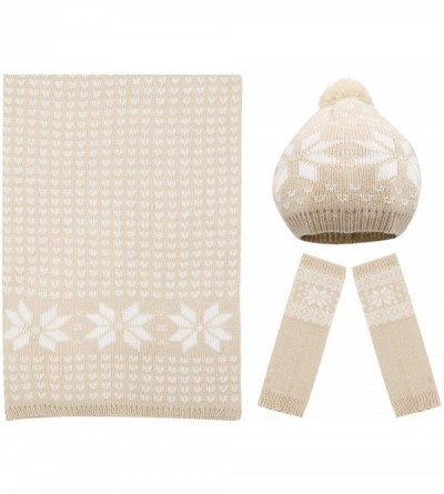 Skullies & Beanies Women Lady Winter Warm Knitted Snowflake Hat Gloves and Scarf Winter Set - Beige - CF12MA8MO94 $19.44