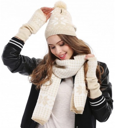Skullies & Beanies Women Lady Winter Warm Knitted Snowflake Hat Gloves and Scarf Winter Set - Beige - CF12MA8MO94 $19.44