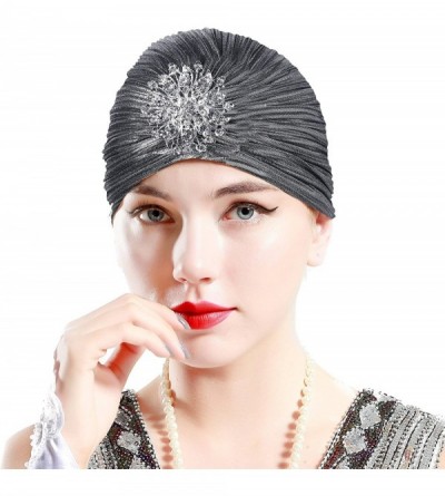 Skullies & Beanies Women's Ruffle Turban Hat Knit Turban Headwraps with Detachable Crystal Brooch for 1920s Gatsby Party - Si...