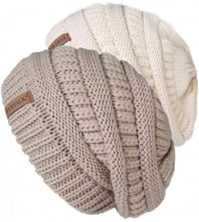 Skullies & Beanies Winter Beanie for Women - 2 Packs Fleece Lined Warm Knit Skull Slouch Beanie Hat - Beige & Smoke Grey - CM...