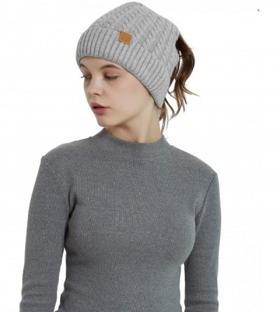 Skullies & Beanies Merino Wool Knitted Bun Beanie - Women Hat Cap with Cute Pony Tail Hole - Pony Tail Hole (Gray New) - CL18...