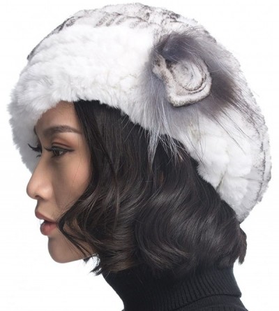 Berets Winter Women's Rex Rabbit Fur Beret Hats with Fur Flower - White With Black Tip - CM11FG7MUQ1 $16.50