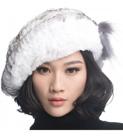 Berets Winter Women's Rex Rabbit Fur Beret Hats with Fur Flower - White With Black Tip - CM11FG7MUQ1 $16.50