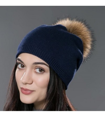 Skullies & Beanies Autumn Unisex Wool Knit Beanie Cap with Fur Ball Pom Pom Winter Hat - Blue With Raccoon Pompom - CF12N1U6Z...