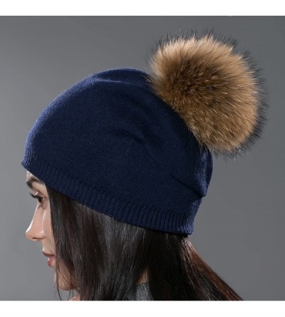 Skullies & Beanies Autumn Unisex Wool Knit Beanie Cap with Fur Ball Pom Pom Winter Hat - Blue With Raccoon Pompom - CF12N1U6Z...