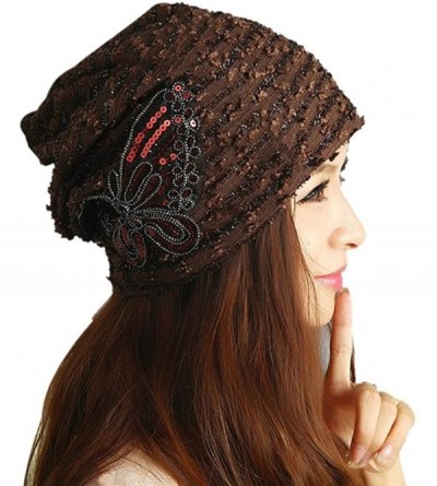 Skullies & Beanies Women Hat- Winter Women's Fashion Lace Sequins Snapback Ladies Turban Cap - Coffee - CZ18692I9W0 $19.72