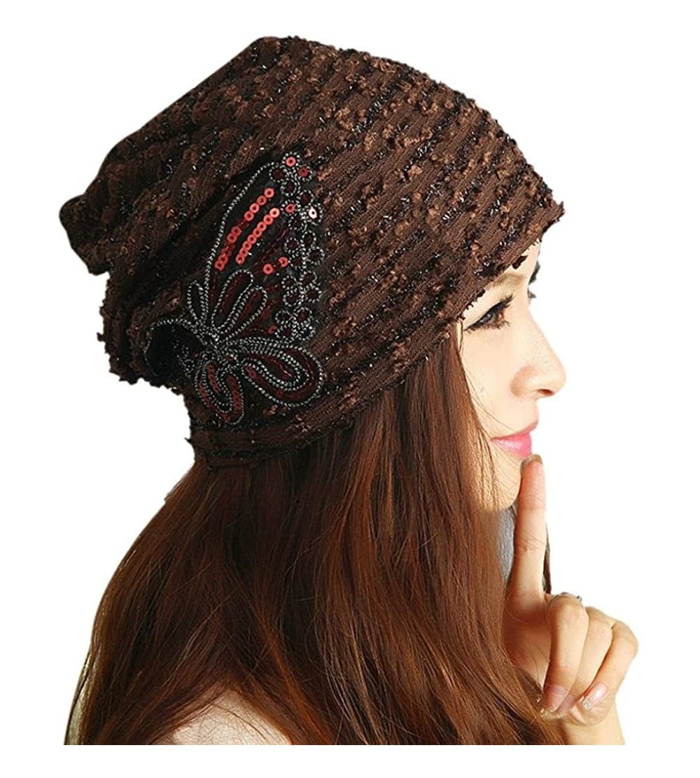 Skullies & Beanies Women Hat- Winter Women's Fashion Lace Sequins Snapback Ladies Turban Cap - Coffee - CZ18692I9W0 $8.41