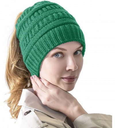 Skullies & Beanies Women's Knitted Messy Bun Hat Ponytail Beanie Baggy Chunky Stretch Slouchy Winter - Green - CI18YT05HN2 $1...
