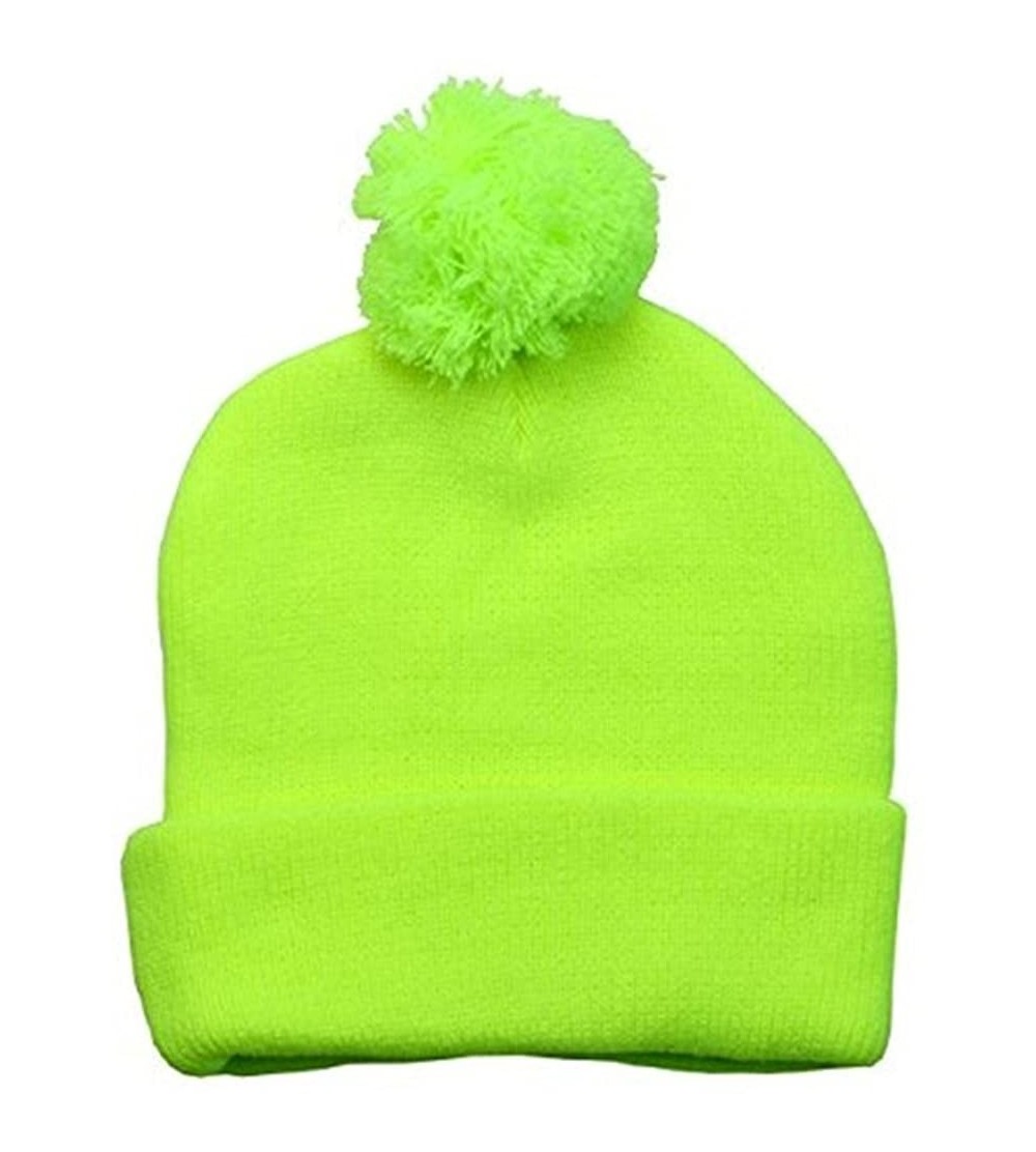 Baseball Caps Solid Plain Unisex Winter Cuff Pom Knit Beanie - Neon Yellow - CH188NWIYU3 $12.65