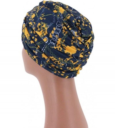 Skullies & Beanies Women Pleated Twist Turban African Printing India Chemo Cap Hairwrap Headwear - National Navy - C018WXQ59X...