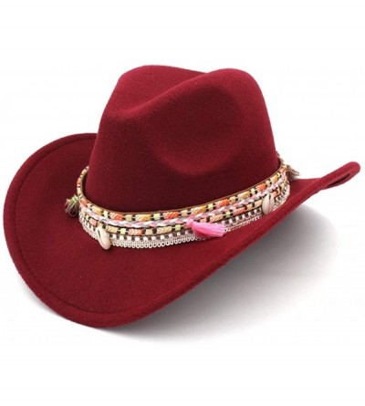 Cowboy Hats Women Wide Brim Western Cowboy Hat Cowgirl Ladies Party Church Costume Cap - Wine Red - CR18OTSSE7G $14.24