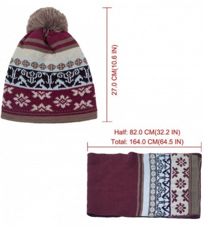 Skullies & Beanies Christmas Pom Pom Beanie Winter Warm Knit Cap Skully-Scarf & Hat Set - Light Brown & Wine Scarf - C1186HE0...