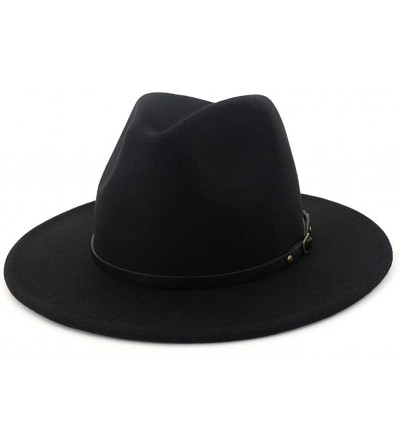 Fedoras Women Wide Brim Wool Fedora Panama Hat with Belt Buckle - A-black - C018GM4L5ID $30.59