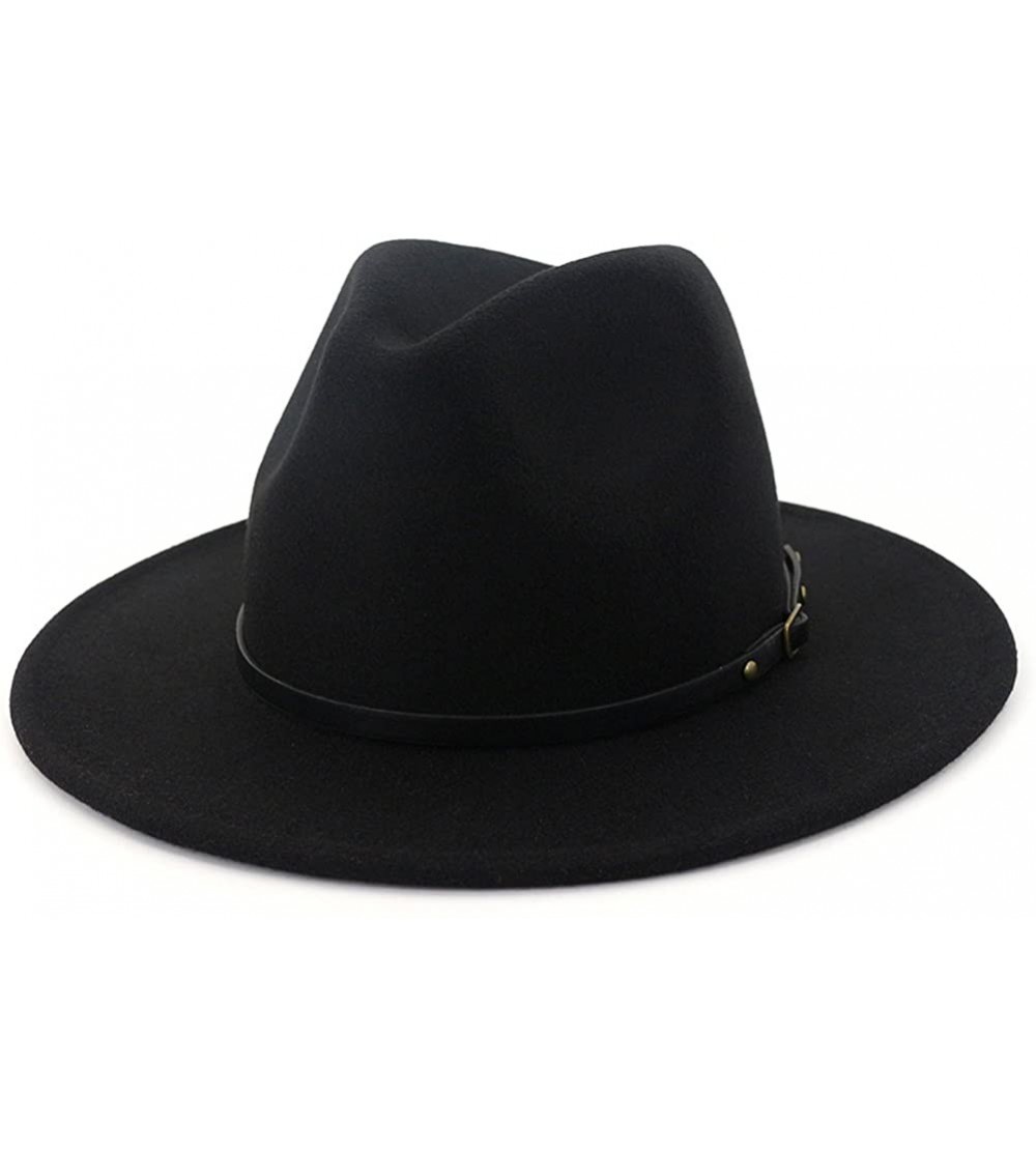 Fedoras Women Wide Brim Wool Fedora Panama Hat with Belt Buckle - A-black - C018GM4L5ID $19.84
