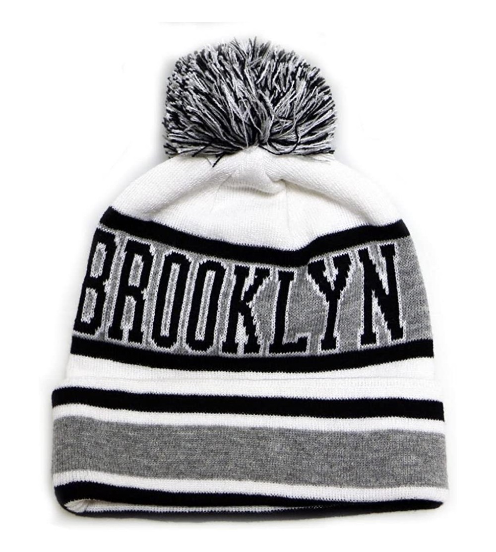 Skullies & Beanies Sk1130 Brooklyn Stripes Pom Pom Beanie Hats - White/Black - CK11PEEQQ2P $15.68