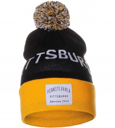 Skullies & Beanies Unisex USA Fashion Arch Cities Pom Pom Knit Hat Cap Beanie - Pittsburgh Black Yellow - CG12N85L1BL $18.76