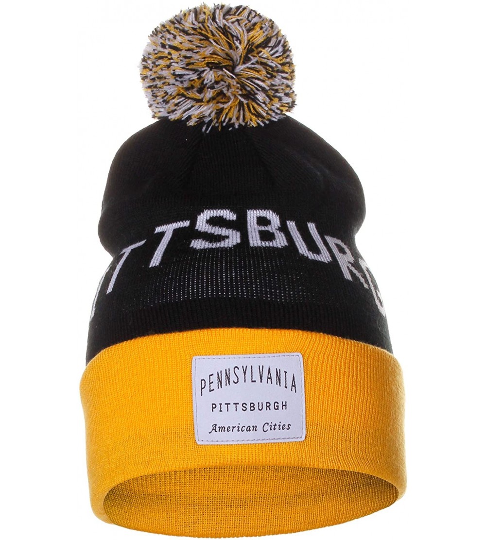Skullies & Beanies Unisex USA Fashion Arch Cities Pom Pom Knit Hat Cap Beanie - Pittsburgh Black Yellow - CG12N85L1BL $10.72
