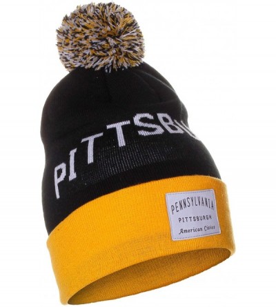 Skullies & Beanies Unisex USA Fashion Arch Cities Pom Pom Knit Hat Cap Beanie - Pittsburgh Black Yellow - CG12N85L1BL $10.72