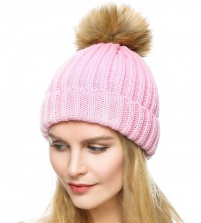 Skullies & Beanies Womens Girls Winter Fur Hat Large Faux Fur Pom Pom Slouchy Beanie Hats - Hot Pink - C8193RQ2Y5I $11.49