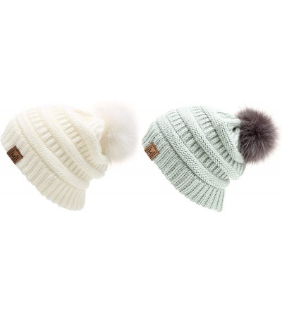 Skullies & Beanies Women's Soft Stretch Cable Knit Warm Skully Faux Fur Pom Pom Beanie Hats - 2 Pack - Off White & Mint - CN1...