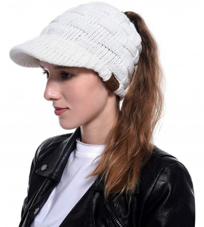 Skullies & Beanies Women's Warm Chunky Cable Knit Messy Bun Hat Ponytail Visor Beanie Cap - Weave - Beige - C218Z2L2CLK $8.75