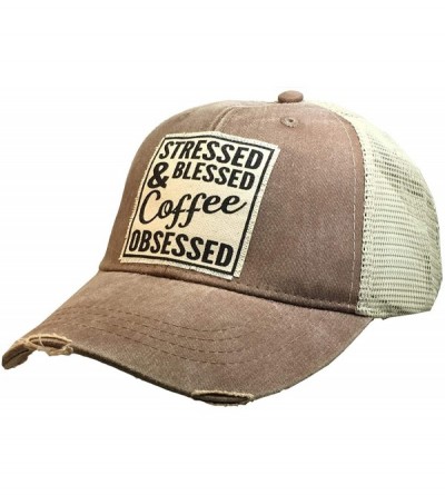 Baseball Caps Distressed Washed Fun Baseball Trucker Mesh Cap - Stressed Blessed & Coffee Obsessed (Tan) - CJ193TOIIXS $19.19