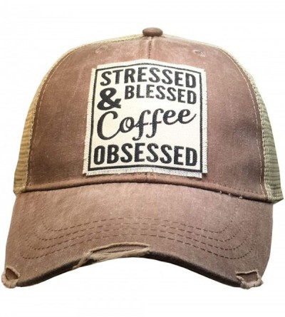 Baseball Caps Distressed Washed Fun Baseball Trucker Mesh Cap - Stressed Blessed & Coffee Obsessed (Tan) - CJ193TOIIXS $19.19