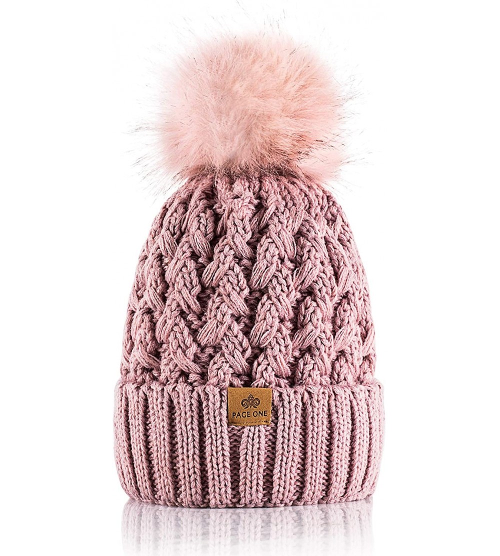 Skullies & Beanies Womens Winter Ribbed Beanie Crossed Cap Chunky Cable Knit Pompom Soft Warm Hat - Pale Pink - CG18MHII786 $...