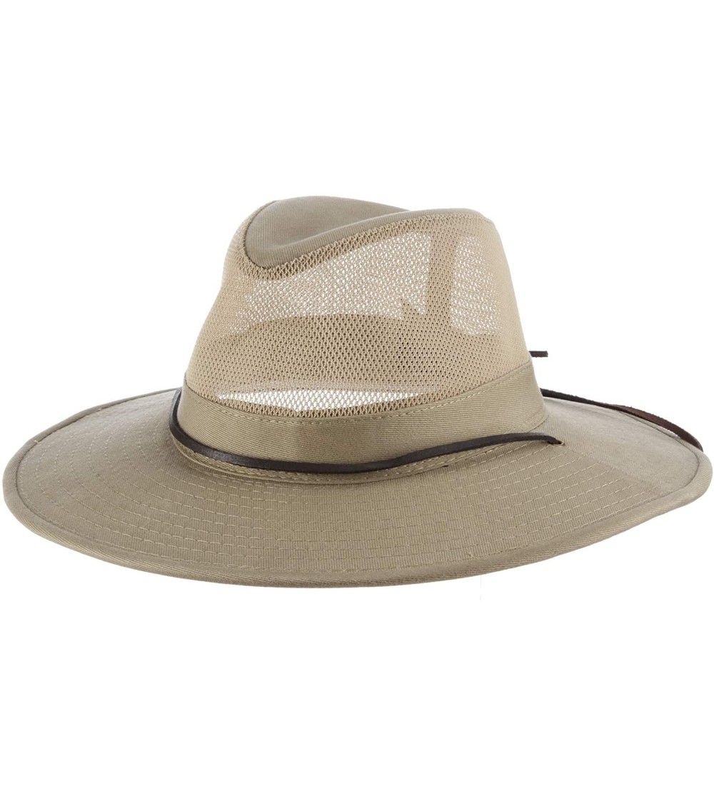 Sun Hats Men's Brushed Twill-and-Mesh Safari Hat with Genuine Leather Trim - Khaki - C5113QK69GH $28.75