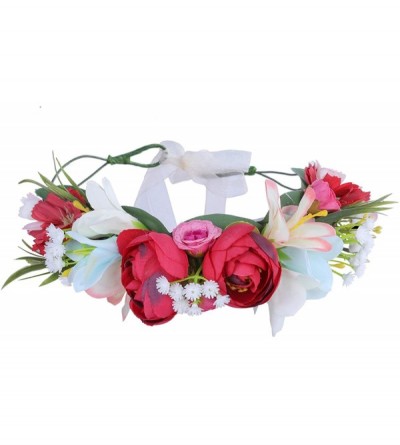 Headbands Adjustable Flower Crown Headband - Flower Headband for Women Girl Floral Festival Wedding Party Wreath - Red - CE18...