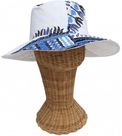 Skullies & Beanies Large Rimmed American South Sunhat African Dashiki Printed Hat - Blue on White - CM18KQE02W5 $29.30