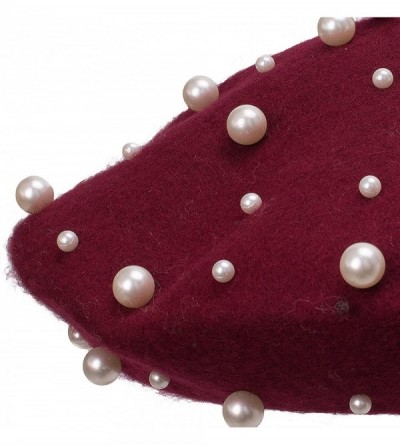 Berets Sweet French Womens Pearl Beaded 100% Wool Beret Cap Winter Hat Y91 - Wine - CF189HO4L0U $10.23