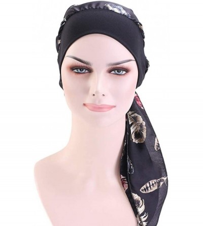 Skullies & Beanies Women Vintage Silky Turbans Bonnet Elastic Wide Band Multifunction Printing Hat Chemo Hair Loss Cap - Blac...
