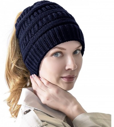 Skullies & Beanies Women's Knitted Messy Bun Hat Ponytail Beanie Baggy Chunky Stretch Slouchy Winter - Navy - CT18YTD0064 $7.82