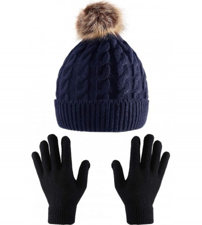 Skullies & Beanies Women's Winter Knitted Beanie Hat with Faux Fur Pom Slouchy Hat and Full Finger Knitted Gloves - Navy Blue...